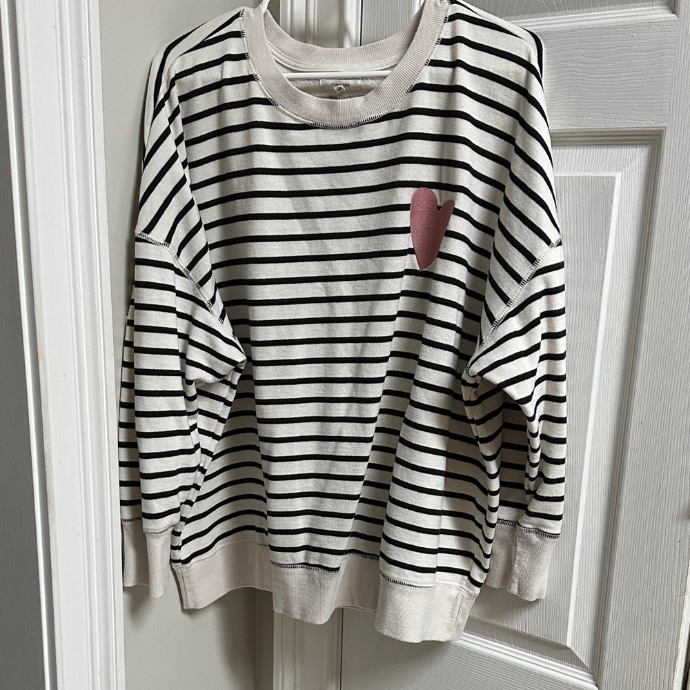 Striped Black and White Sweatshirt with Heart Accent